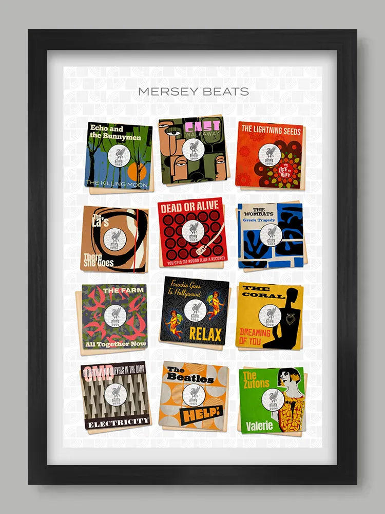 Mersey Beats - Music Print. Some of Liverpool's best known bands celebrated as 7 inch vinyl record covers, re-imagined and designed by The Northern Line.
